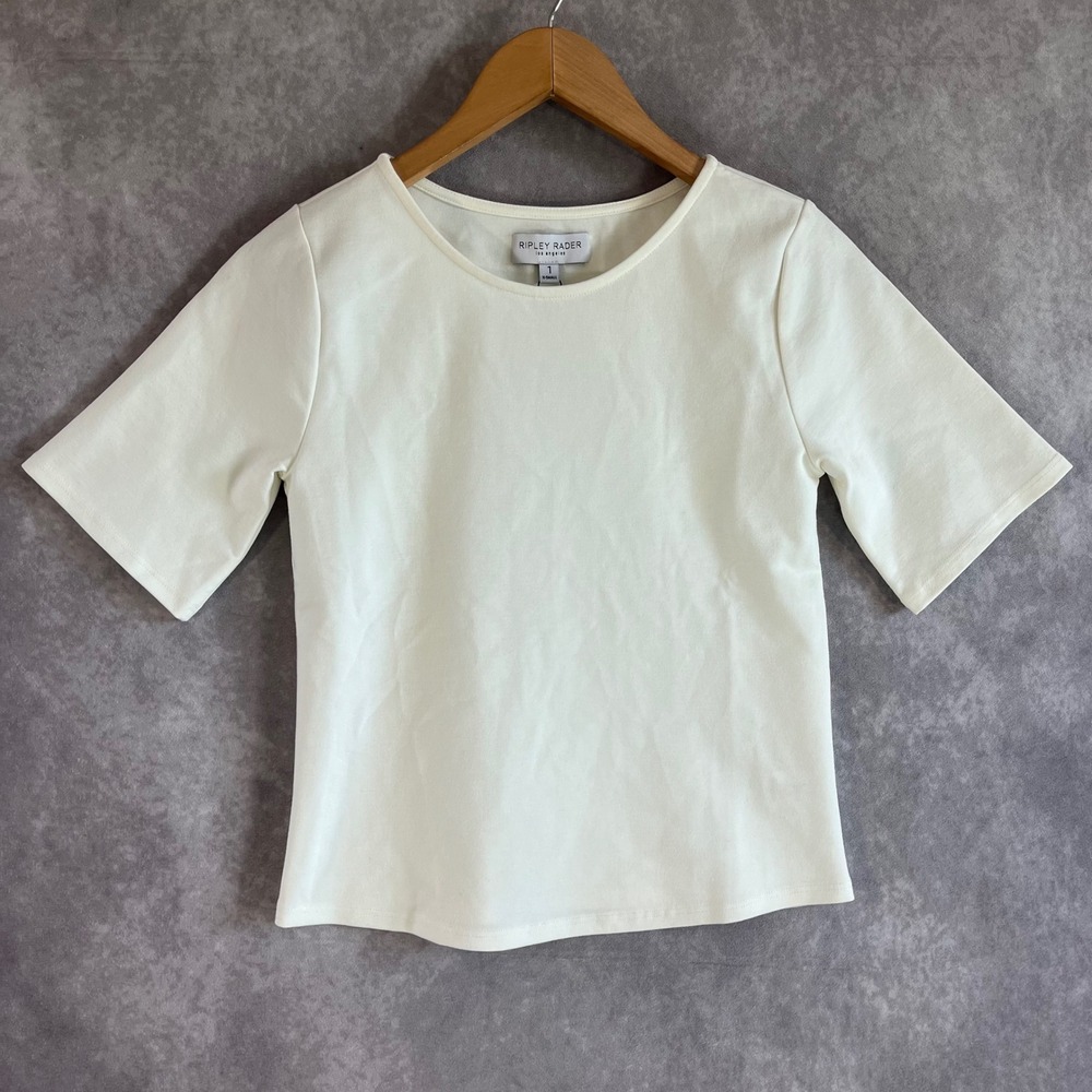 Ripley Rader Ponte Knit Top Women XS Ivory Elbow Sleeve Crew Neck Made USA NEW